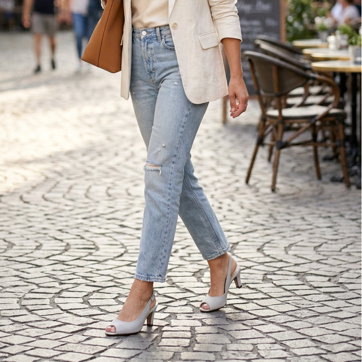 Women's light gray open-toe slingback sandals with mid block heels on jeans