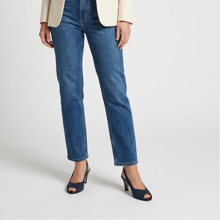 Navy open-toe mid-heel slingback sandal worn with slingback strap