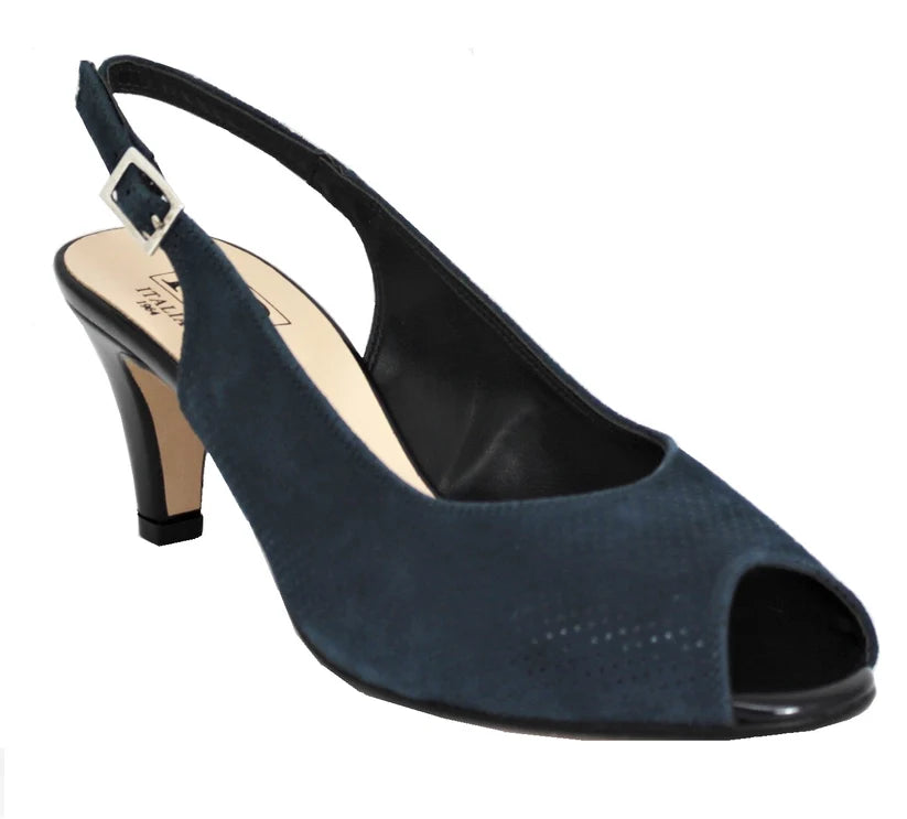 Navy slingback sandal with open toe, mid heel, perforated upper, buckle strap