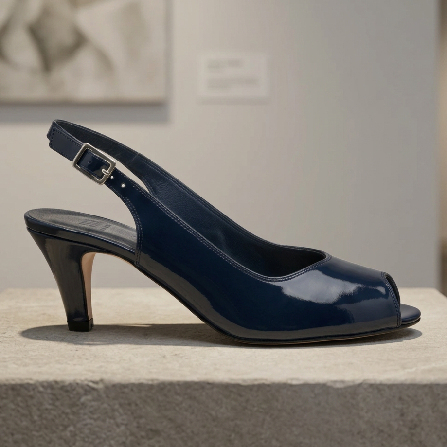 Navy patent women's mid-heel slingback sandal, open toe and buckle strap