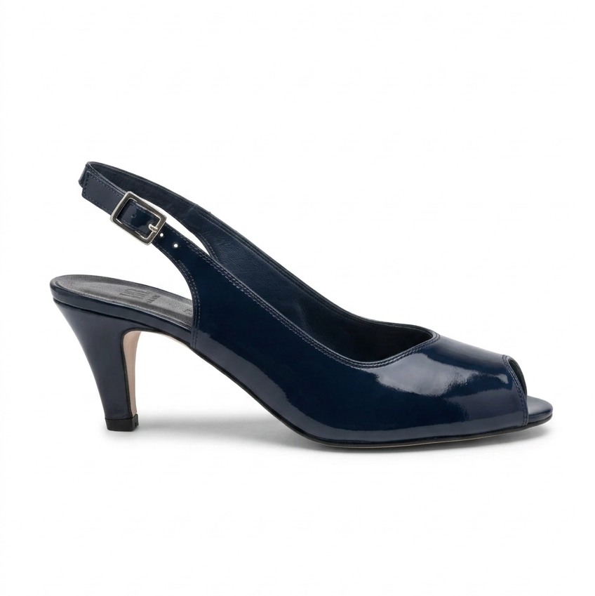 Navy patent women's mid-heel slingback sandal with buckle strap and open toe