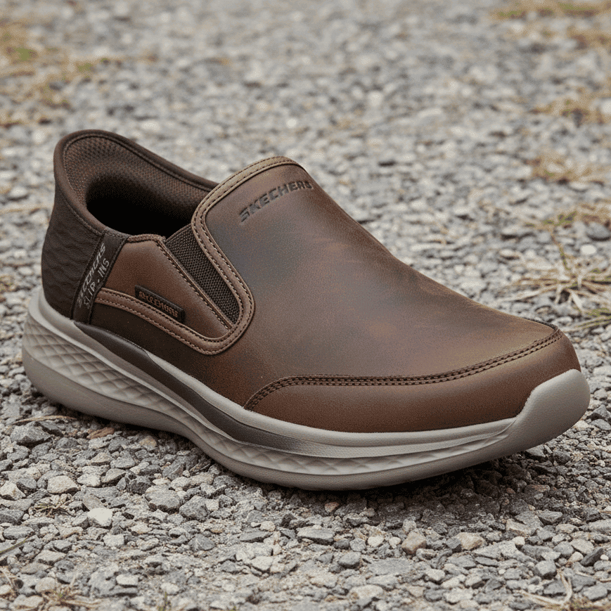 Men's brown slip-on trainer with white rubber midsole and textured traction sole.