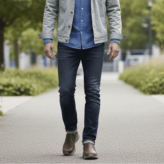 Men's brown slip-on trainer worn with jeans, low-profile white midsole.