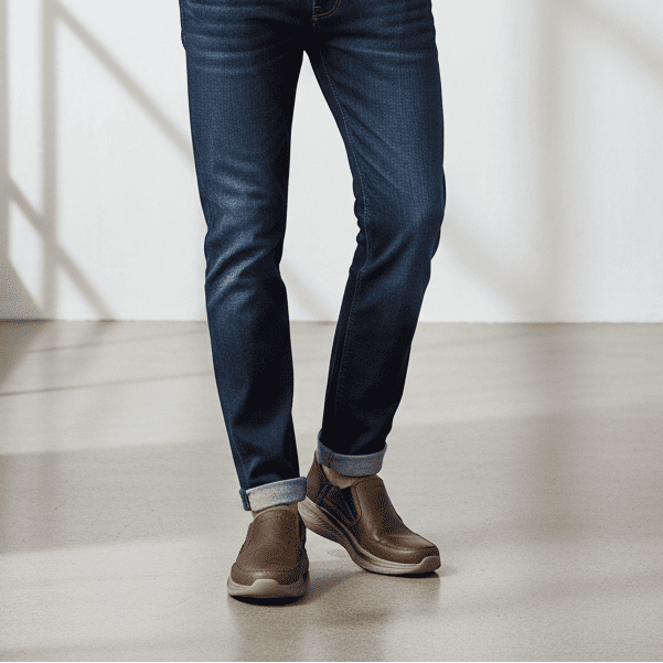 Men's brown slip-on trainer worn with dark jeans, side profile and rubber outsole.