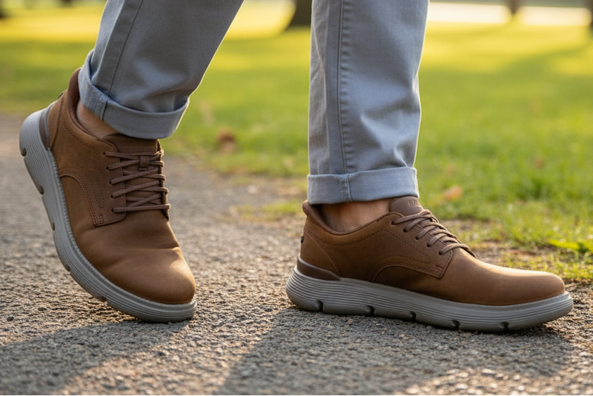 Brown shoes worn on a person's feet with a blurred natural background