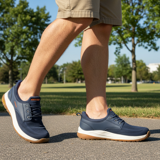 Person wearing navy blue sneakers with brown soles on a paved path with greenery in the background