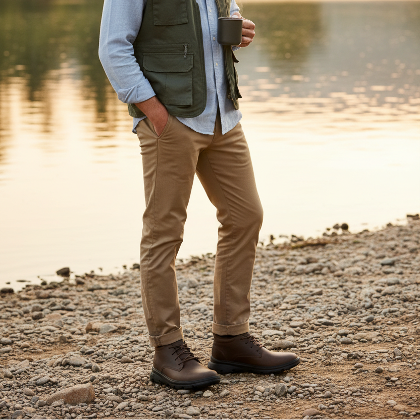 A man stands on a rocky riverbank at sunset wearing a green utility vest over a light blue button-up shirt, khaki pants, and brown boots, holding a steaming mug.