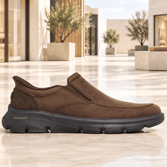 Men's cocoa-brown slip-on shoe with sculpted sole and supportive arch cushioning