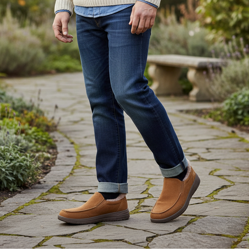 Skechers tan slip-on slipper worn with blue jeans, textured sole for everyday comfort
