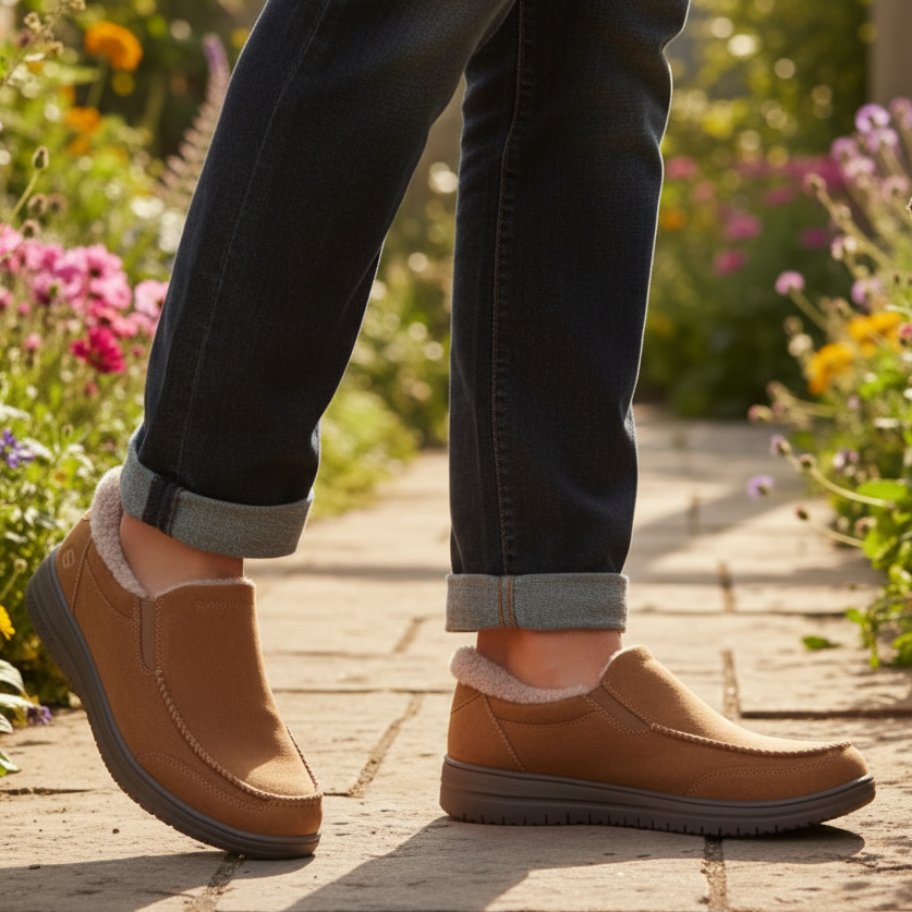 Skechers tan slip-on slipper on feet with jeans cuffs, plush lining visible at collar