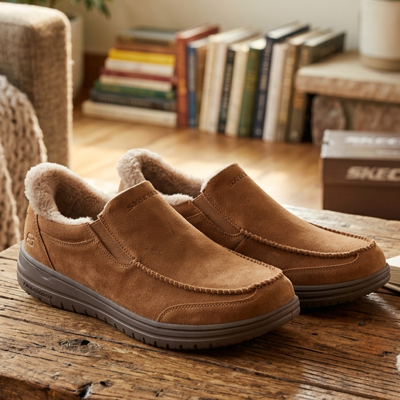 Skechers men's chestnut slip-on slippers with fleece lining and cushioned gray soles