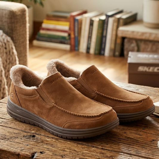 Skechers men's chestnut slip-on slippers with fleece lining and cushioned gray soles