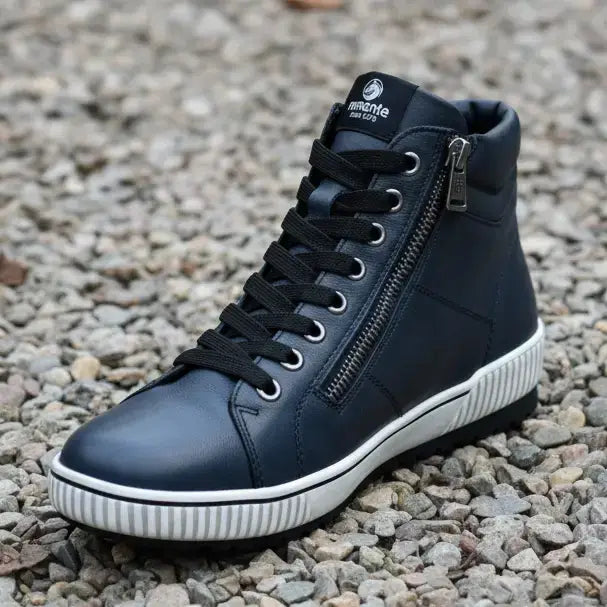 Remonte navy high-top sneakers with lace-up and side zipper, white rubber sole
