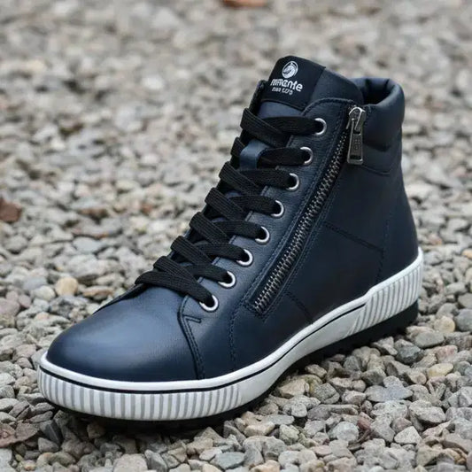 Remonte navy high-top sneakers with lace-up and side zipper, white rubber sole