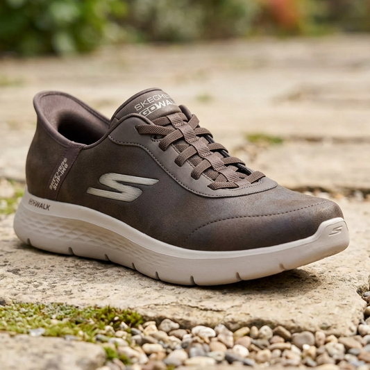 Men's brown Skechers lace-up trainer sneakers with white cushioned sole