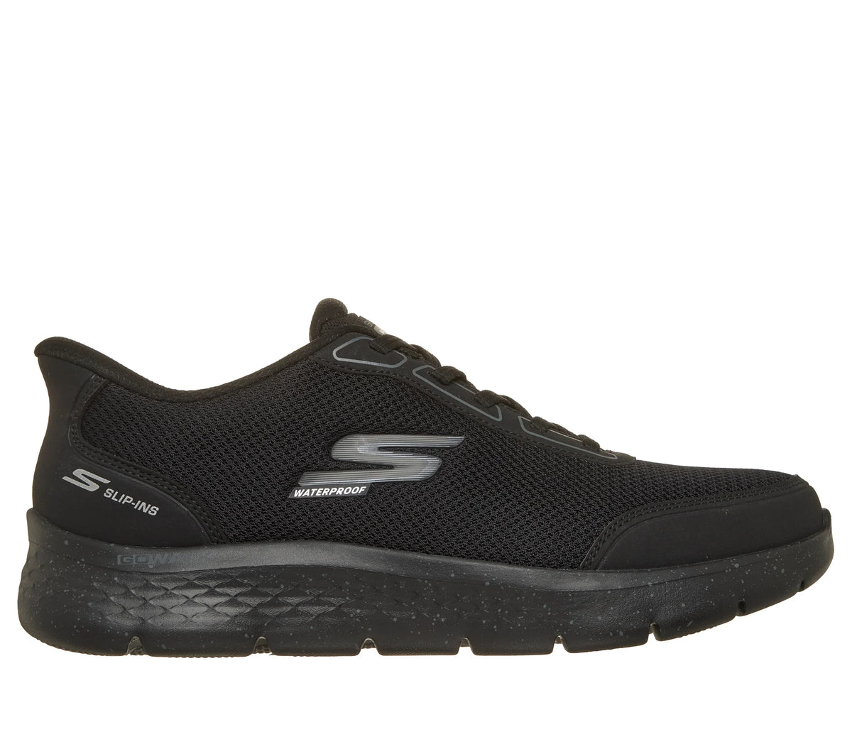 Black Skechers waterproof trainer with mesh upper, slip-in heel and flexible sole
