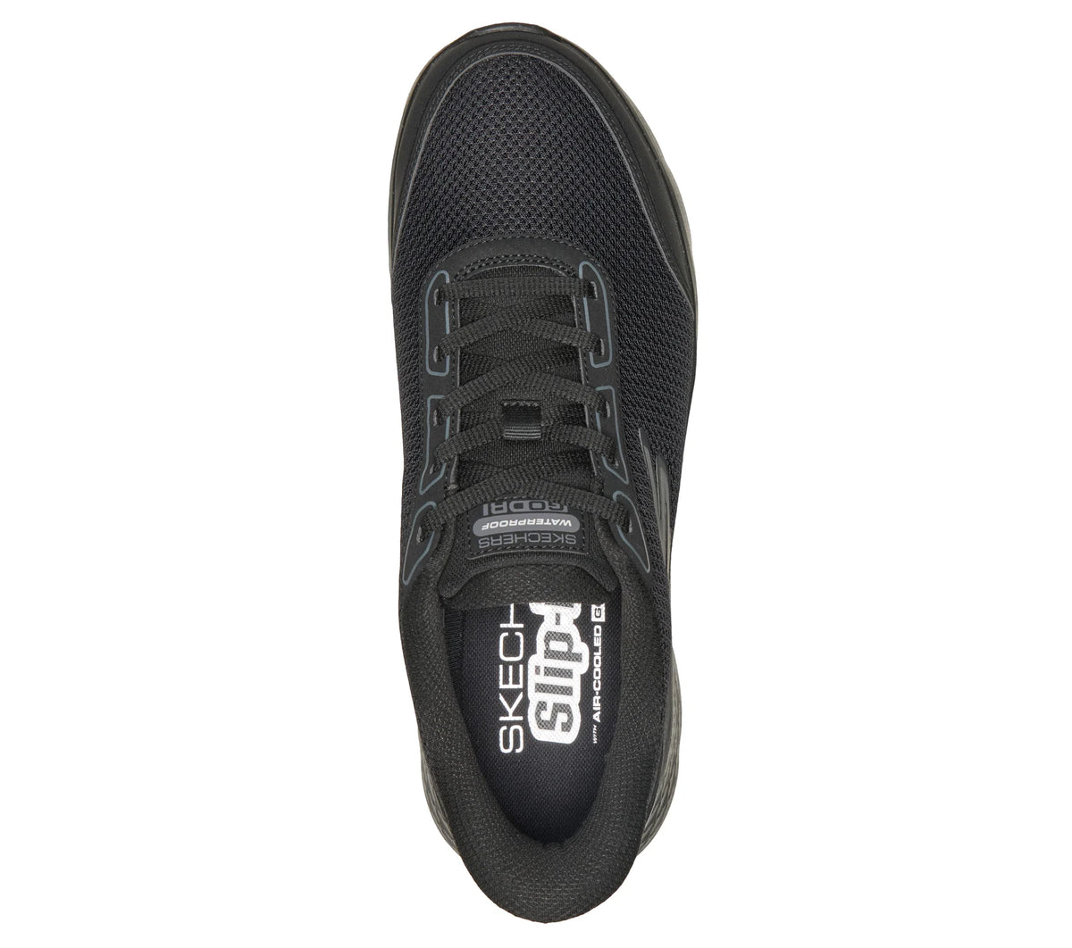 Top view of black Skechers trainer with lace-up front and cushioned insole