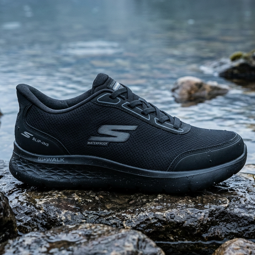 Black Skechers waterproof trainer with mesh upper and water droplets on the sole