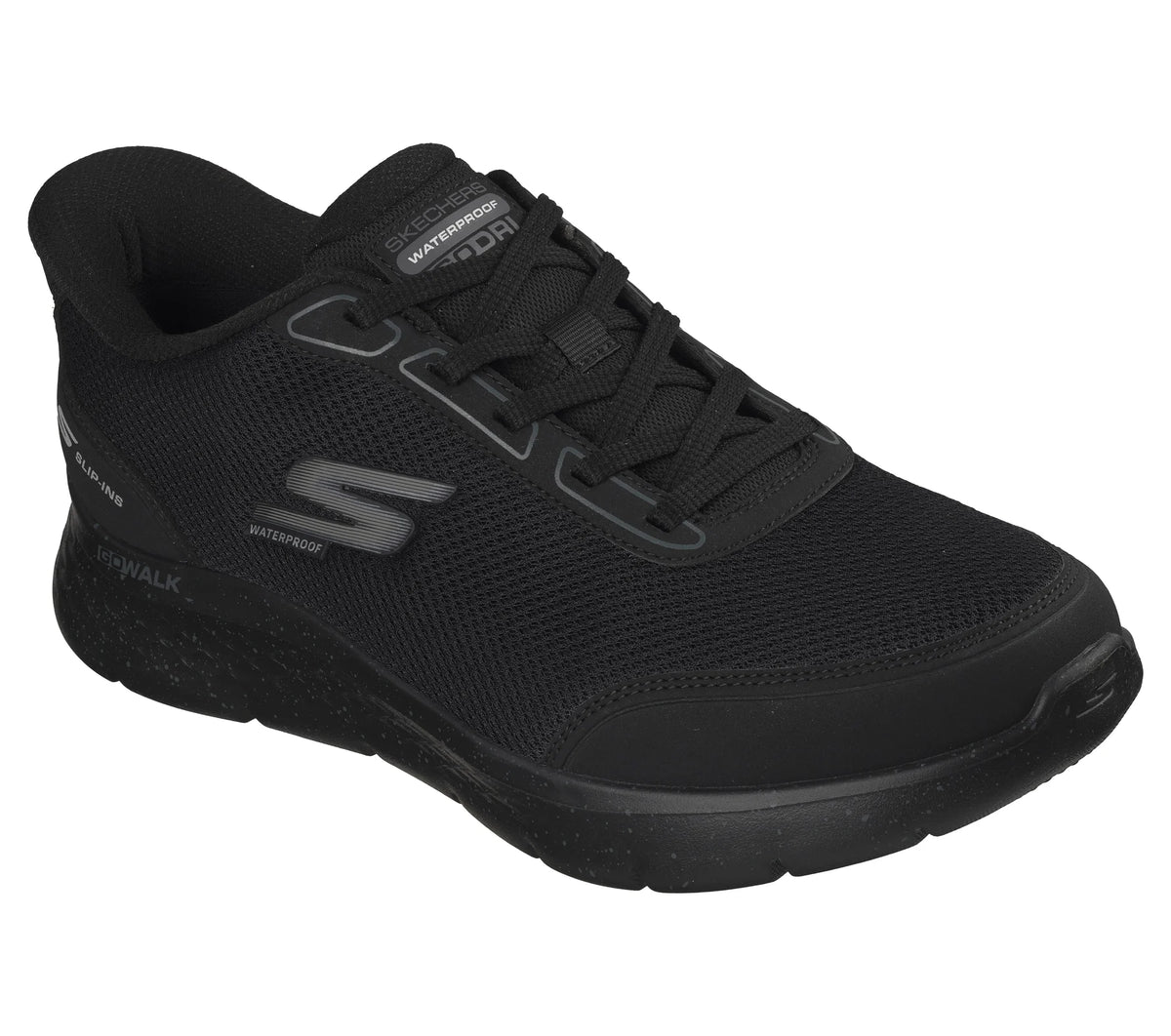 Black Skechers waterproof trainer with mesh upper, laces and padded collar