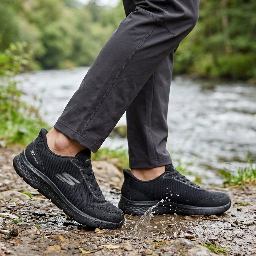 Black Skechers trainers worn while stepping through shallow water