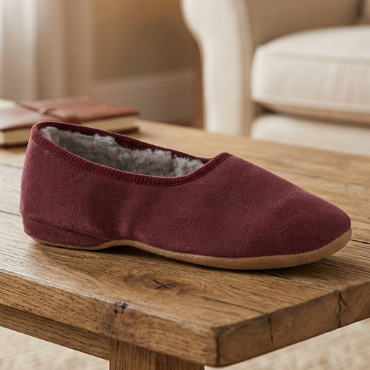 Women’s wine sheepskin slippers, slip-on moc toe with gray interior fleece