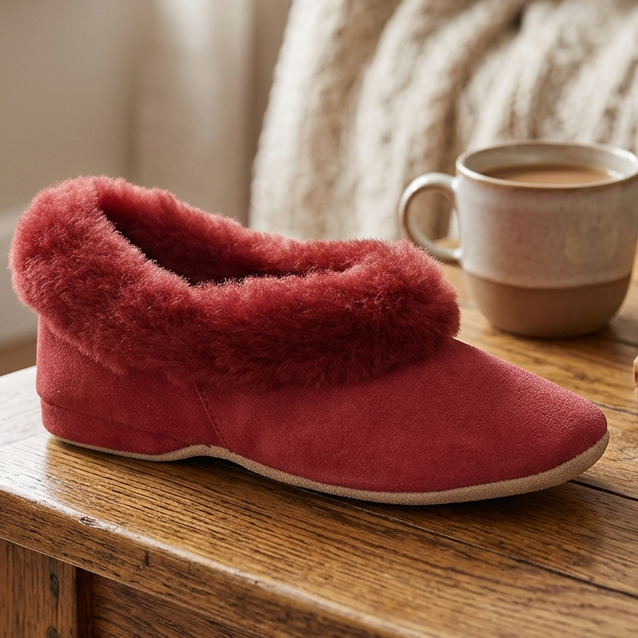 Women’s cherry red sheepskin slippers on a wooden surface with a warm mug nearby