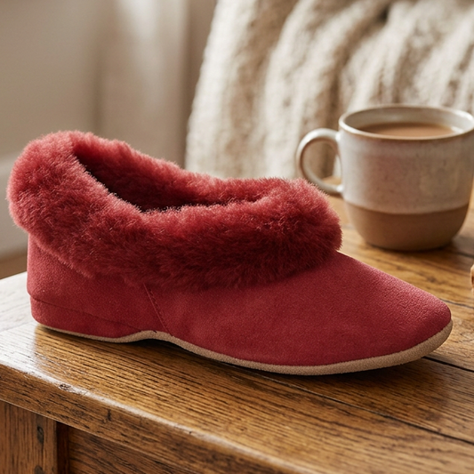 Women’s cherry red sheepskin slippers on a wooden surface with a warm mug nearby