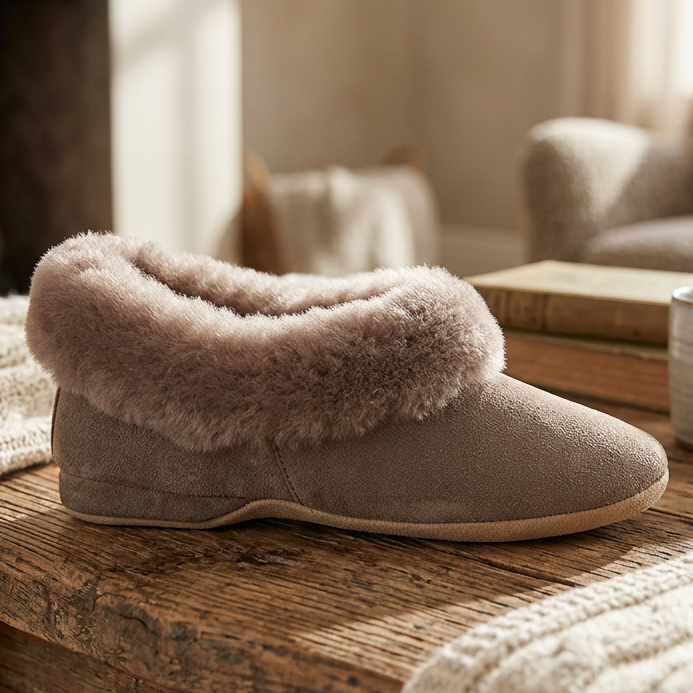 Women's sheepskin slippers in nut-taupe featuring plush collar and side seam