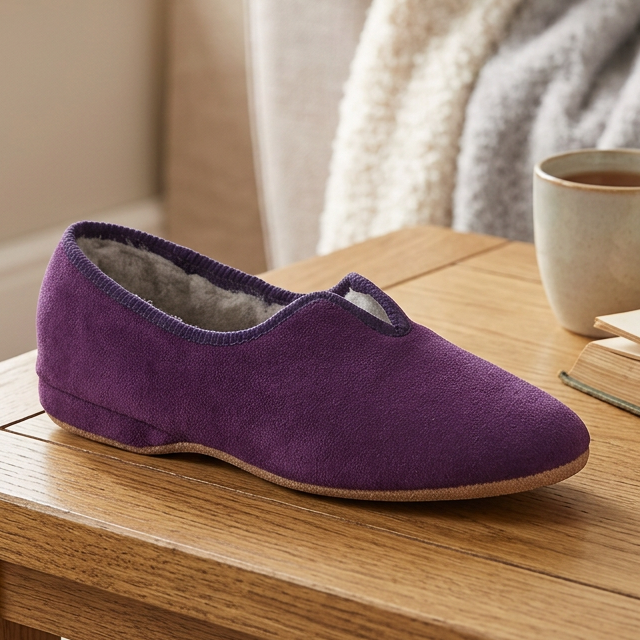 Women's purple sheepskin slipper with curved instep strap and soft shearling lining