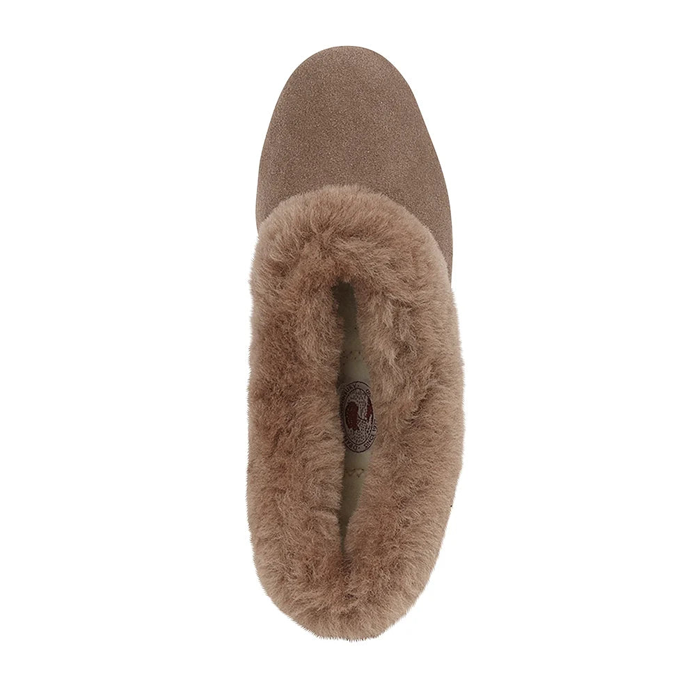 Women's sheepskin slipper heel view in nut-taupe with plush inner lining