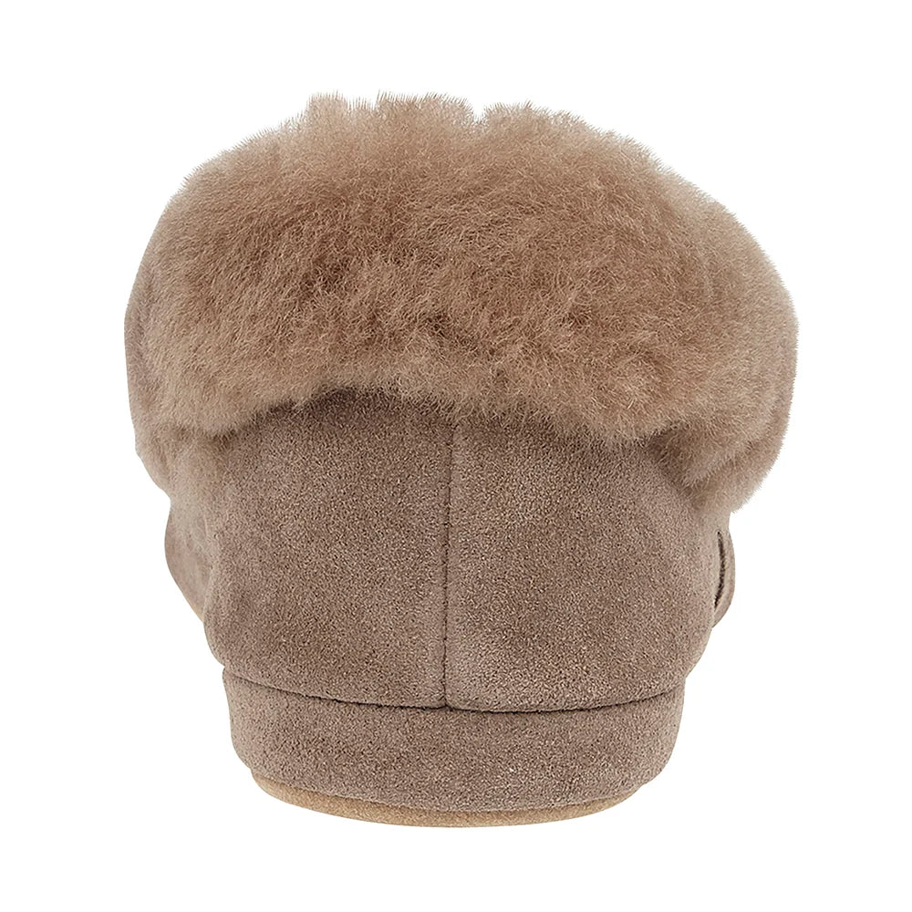 Women's sheepskin slipper with rounded toe cap and plush cuff in nut-taupe