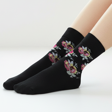 Ladies Flexi-Top Non Elastic Socks 3 Pack - Black Floral