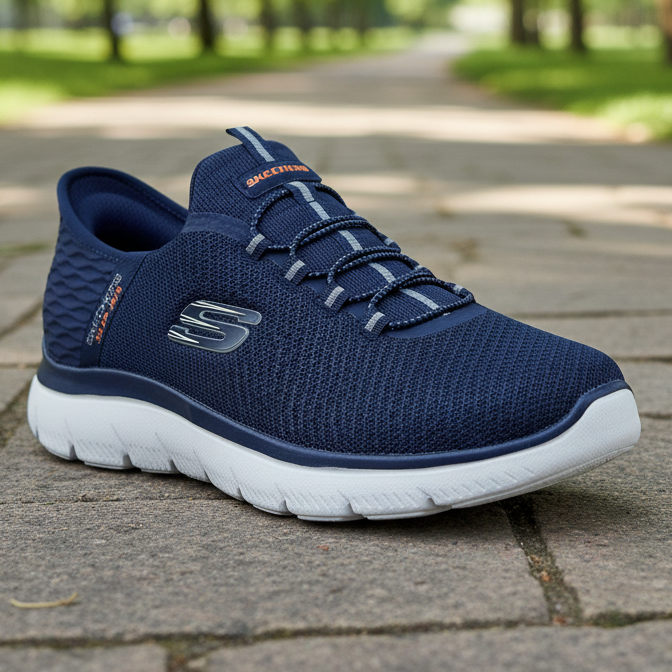 A navy blue Skechers walking shoe with a white sole, photographed on a paved path in a park with a blurred green background.
