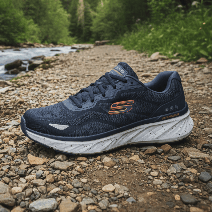 Men's navy waterproof lace-up trainer with Skechers logo and white speckled midsole