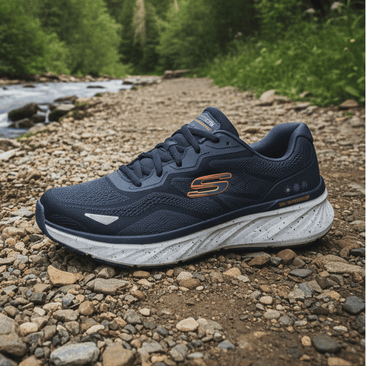 Men's navy waterproof lace-up trainer with Skechers logo and white speckled midsole