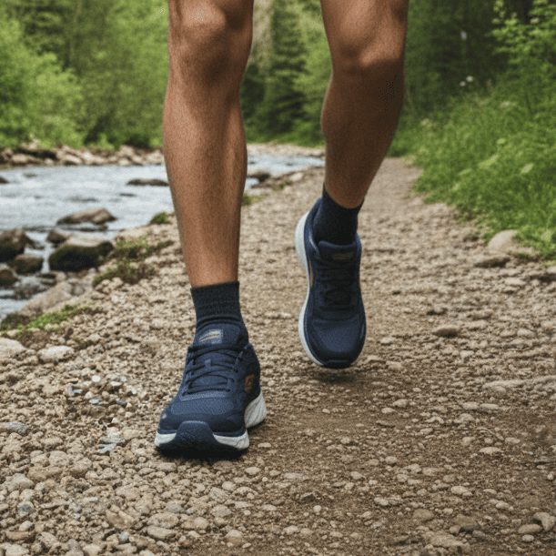 Men's navy waterproof lace-up trainer, side view with grip sole and dark laces