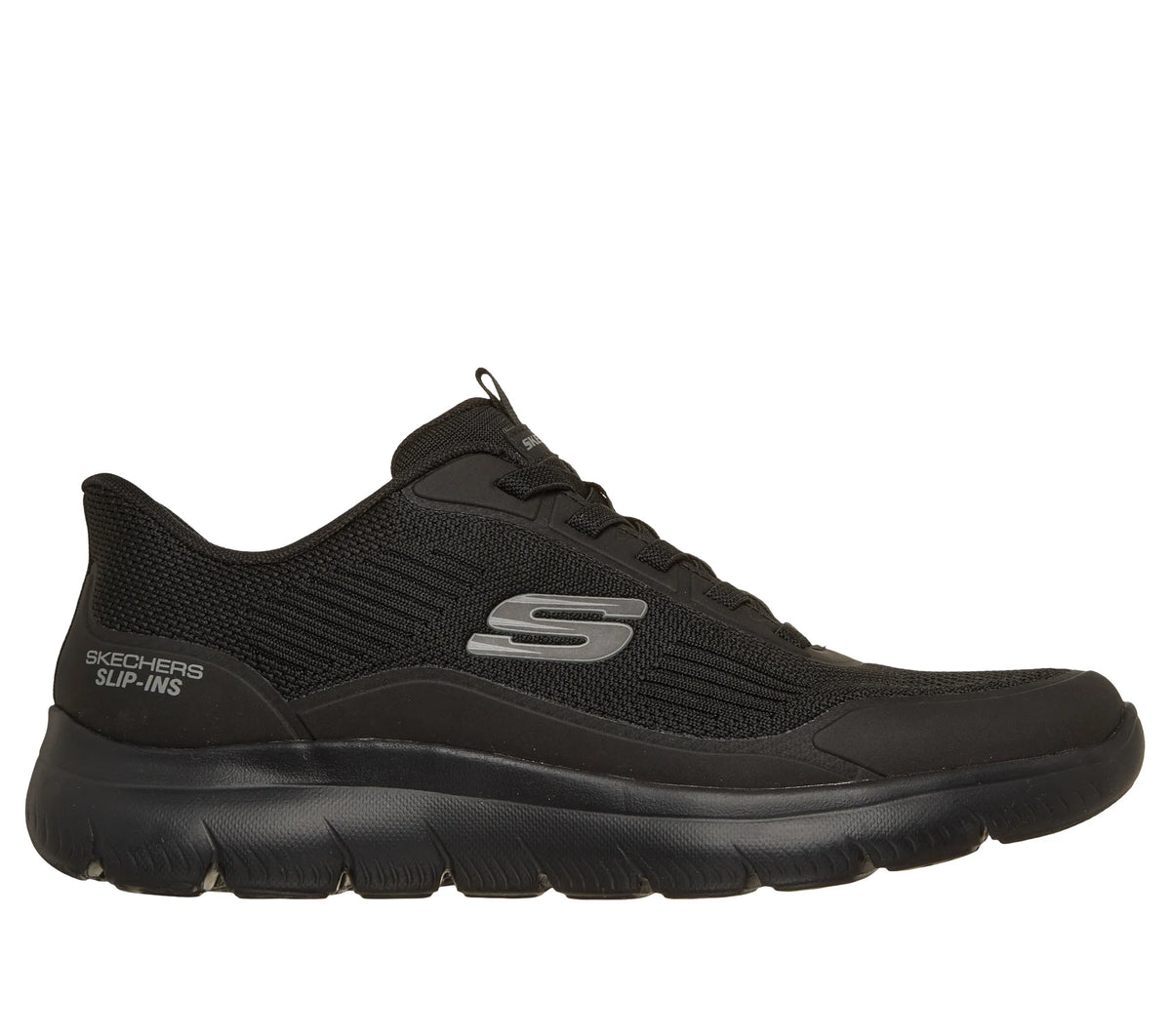 Black Skechers men's trainer with mesh upper, slip-in heel, and cushioned sole, side view