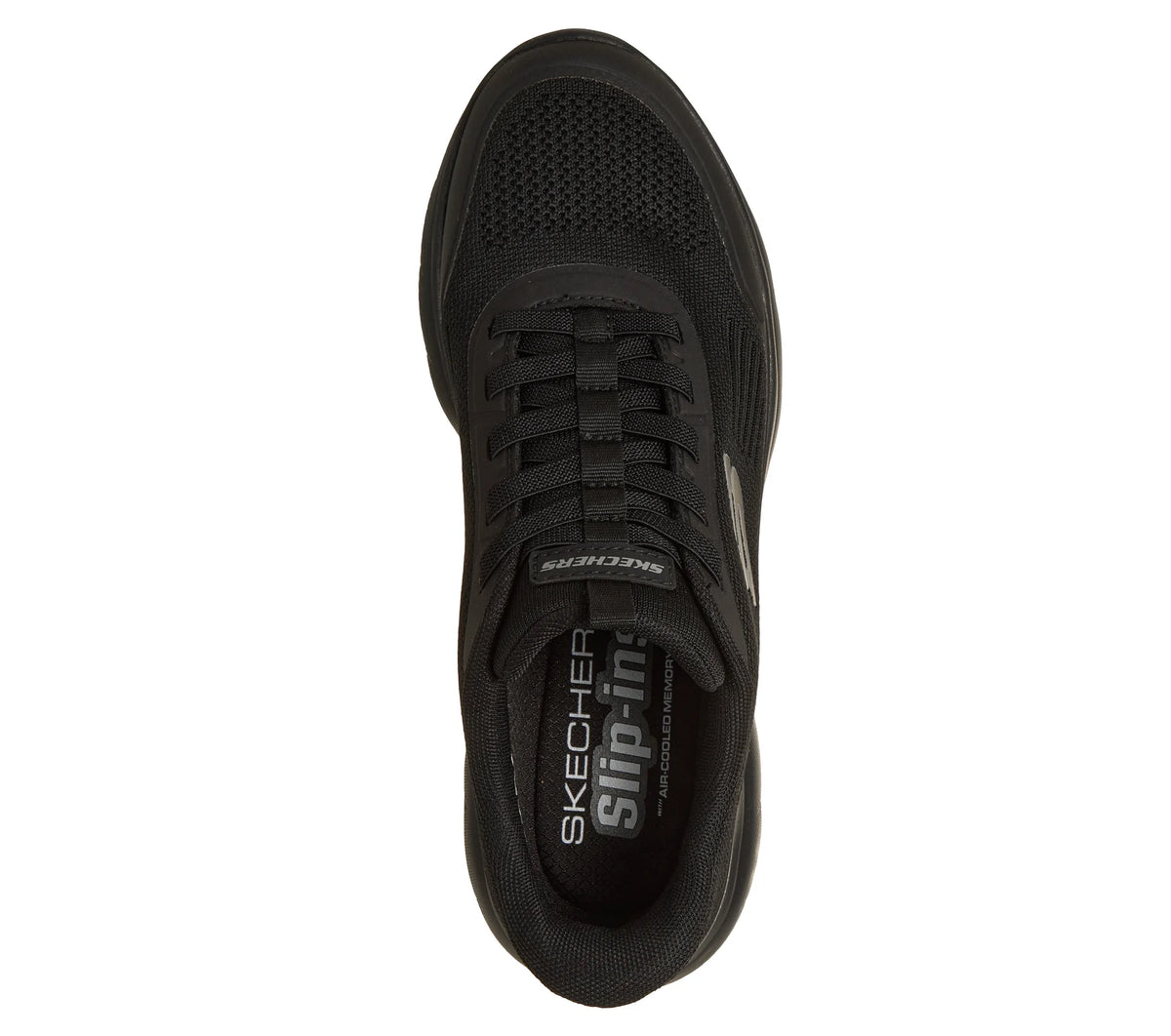 Black Skechers trainer viewed from above, showing mesh toe, laces, and cushioned collar