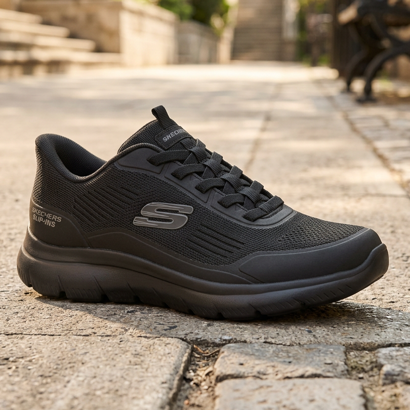 Black Skechers trainer with mesh upper and slip-in heel, shown from the side