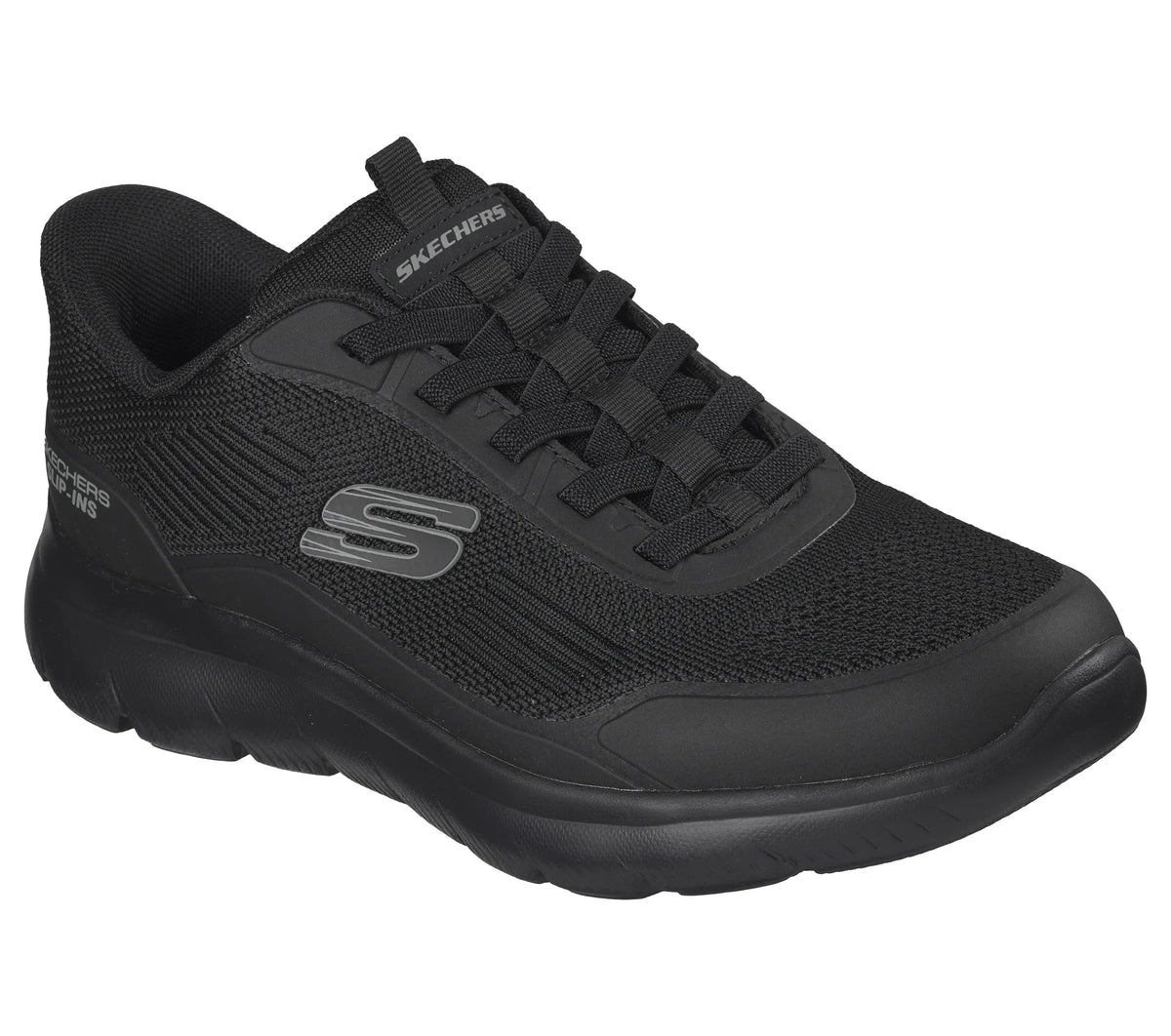 Black Skechers men's trainer with mesh upper, laces, and cushioned sole, front three-quarter view