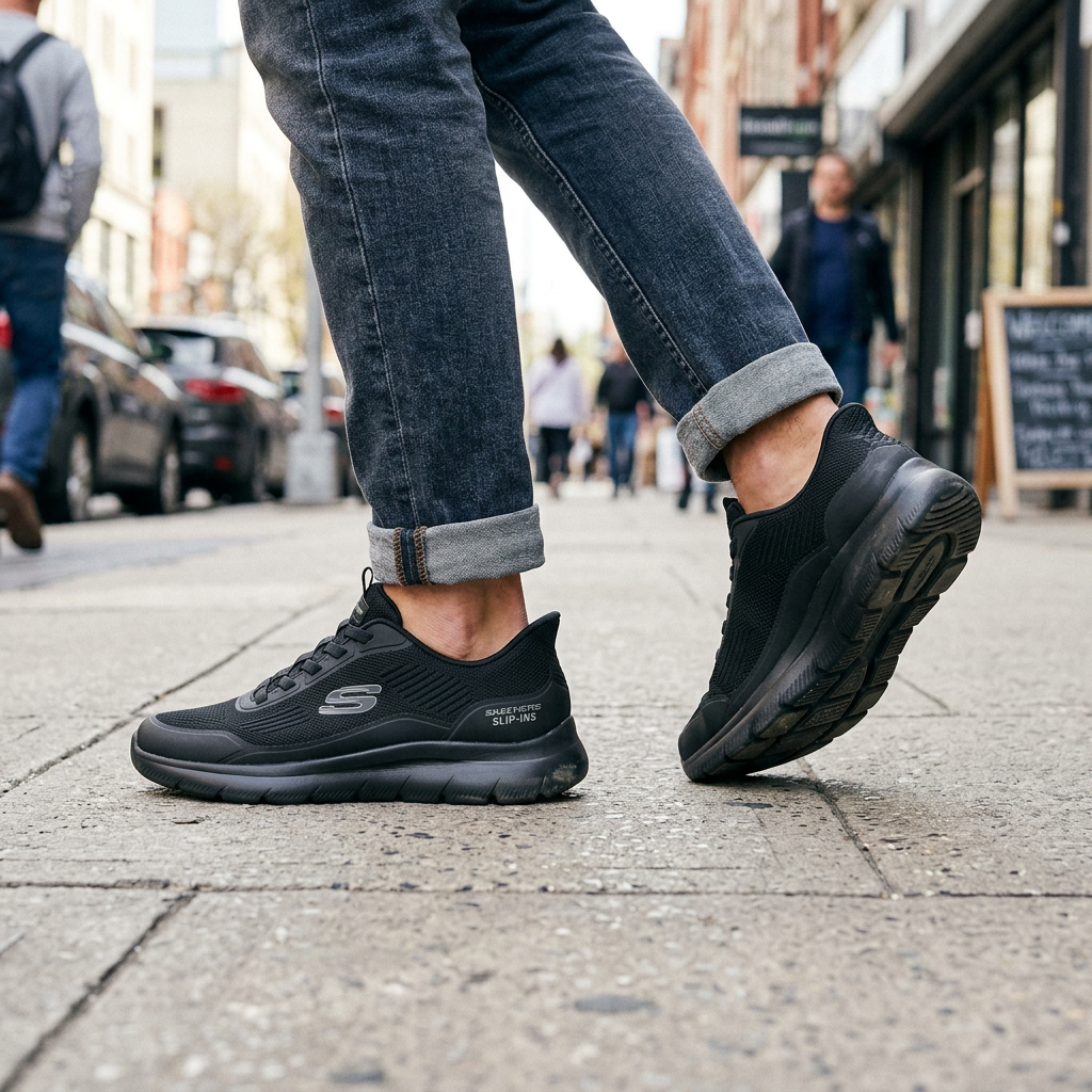 Black Skechers trainers worn with cuffed jeans, showing side and outsole views