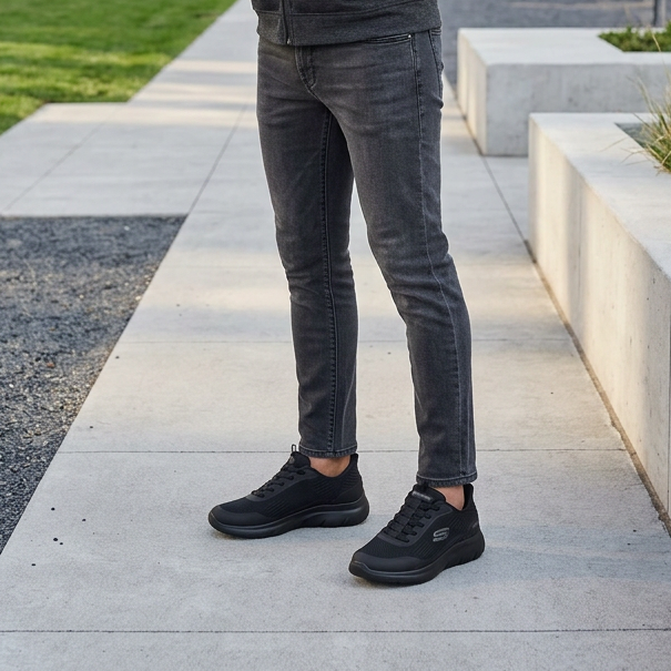 Black Skechers trainers worn with dark jeans, shown on both feet