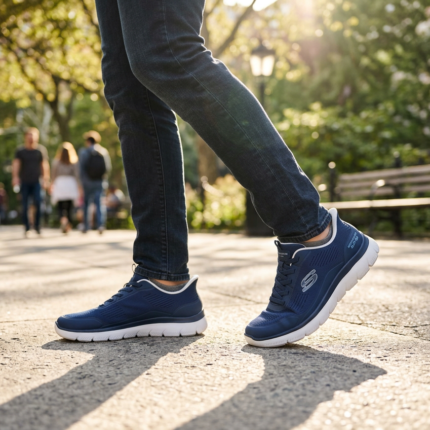 Navy Skechers trainers worn with jeans, showing the side profile and white soles