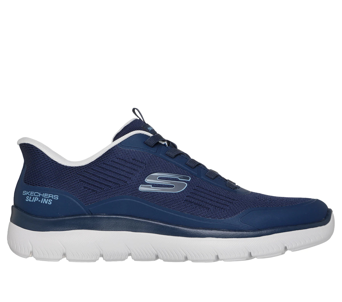 Skechers navy slip-in trainer with mesh upper, side logo and white cushioned sole