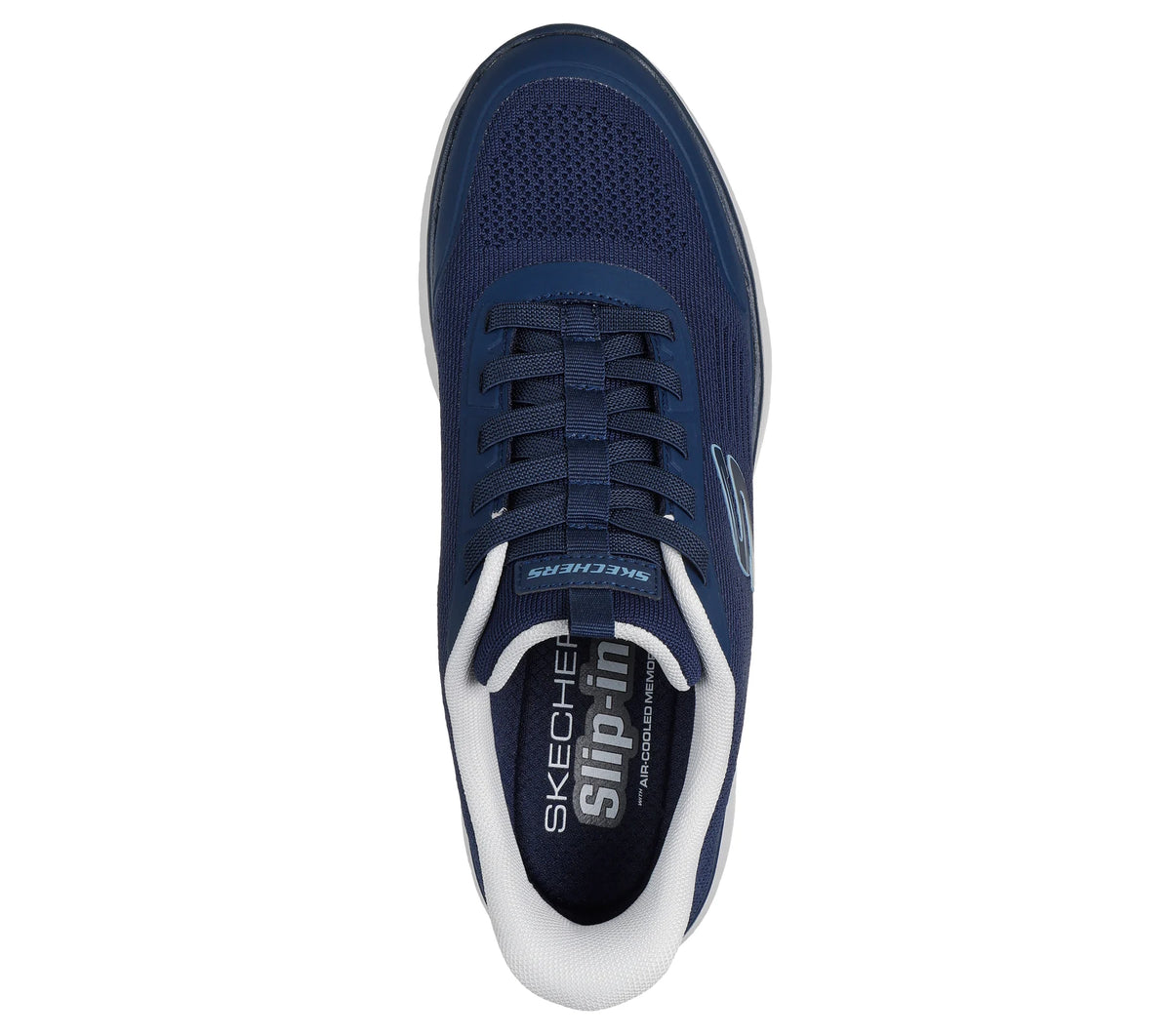 Skechers navy trainer viewed from above, with mesh toe, lace-up front and cushioned collar