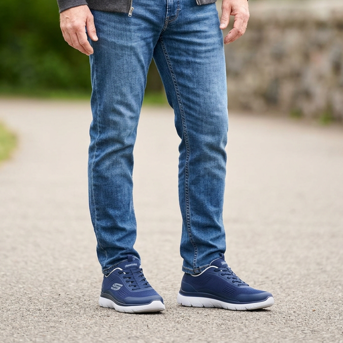 Navy Skechers trainers worn with jeans, viewed from the front