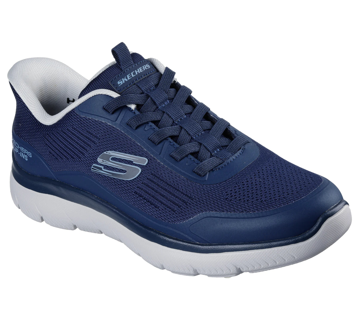 Skechers navy mesh trainer with lace-up front, side logo and white sole