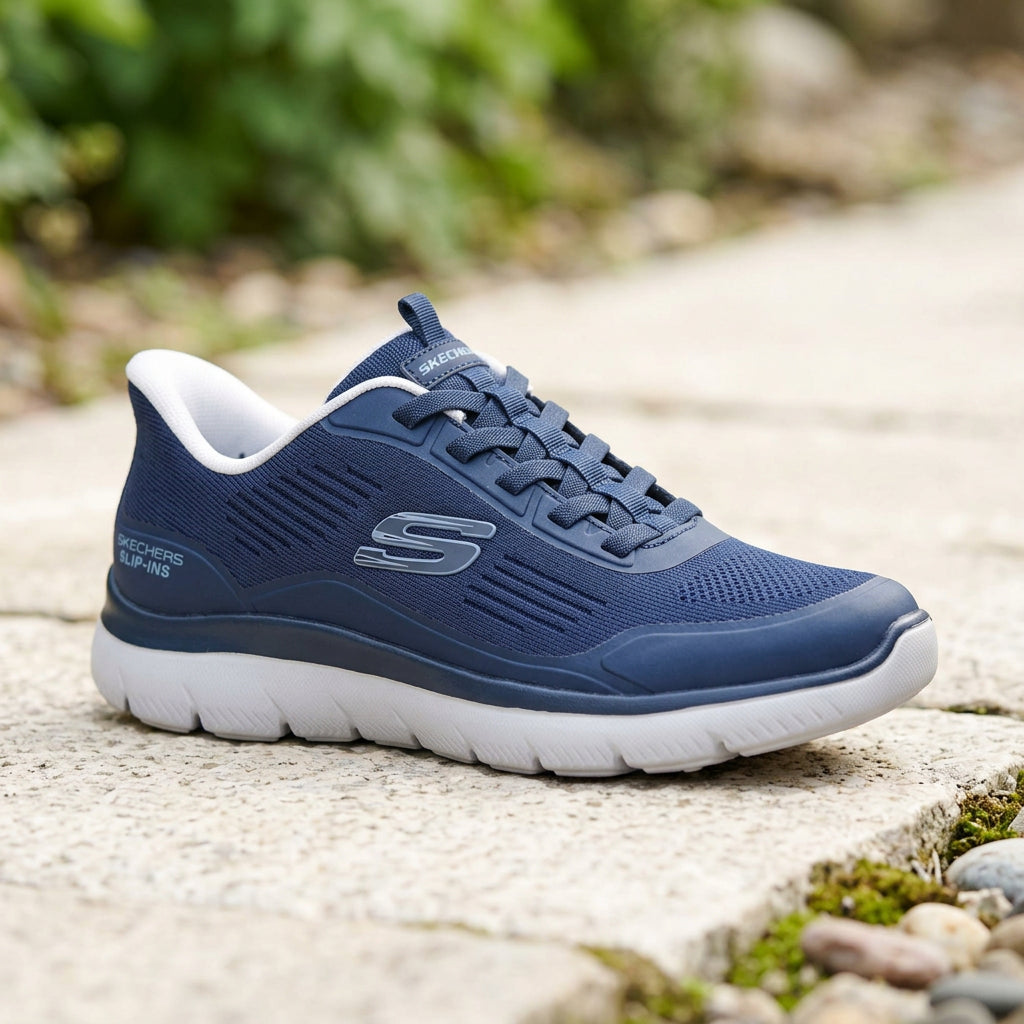 Navy Skechers mesh trainer with lace-up front and white cushioned sole