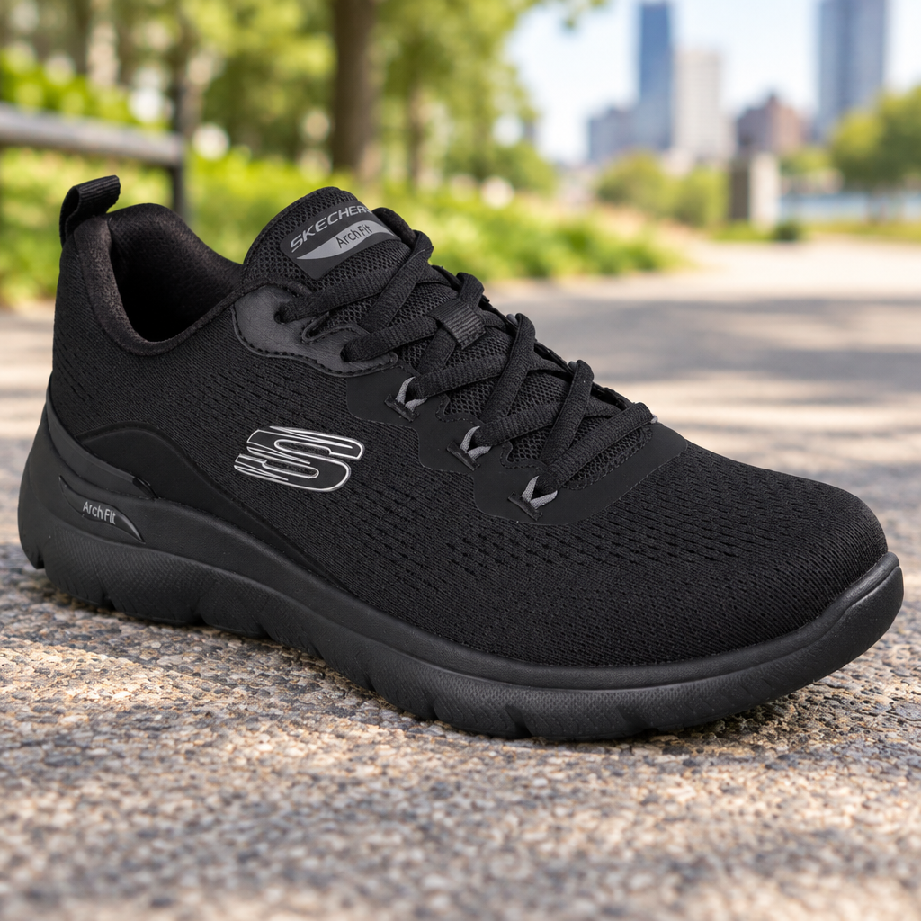 Men's black lace-up trainer sneakers on pavement with cushioned midsole