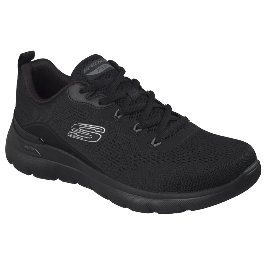 Men's black lace-up knit trainer sneakers with Skechers logo and sporty sole